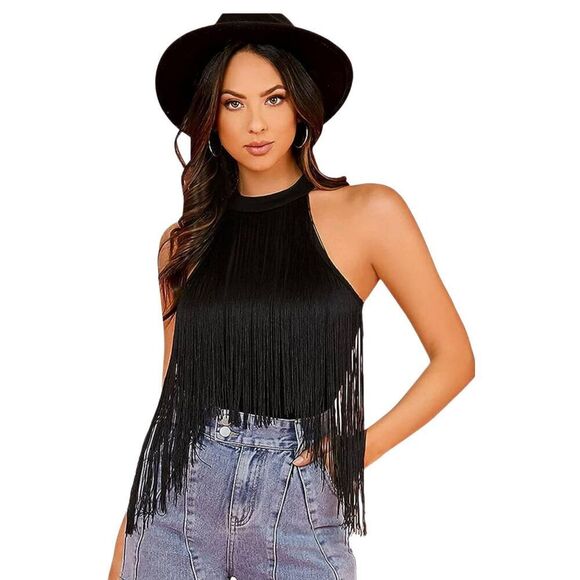 Verdusa Fringe Trim Sleeveless Bodycon Halter Bodysuit Top Brown Size Small NWOT - Picture 2 of 11